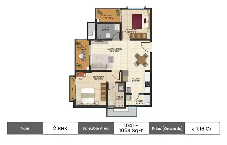 Kalyani Living Tree 2 BHK floor plan, 1041 sq ft saleable area